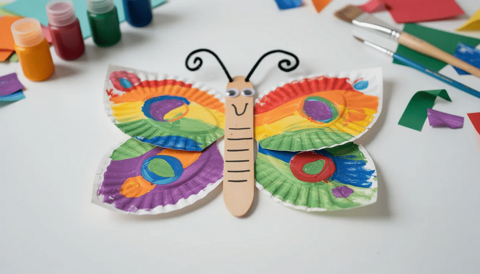 Paper Plate Butterfly The image features a colorful paper plate butterfly craft, showcasing painted wings in vibrant hues and a craft stick body, set against a backdrop of green grass. This adorable creation is a perfect spring craft for preschoolers, combining fun ideas and simple supplies for a delightful hands-on activity.