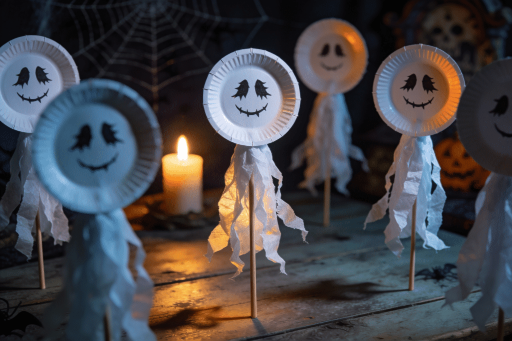 Paper Plate Ghosts Different designs of spooky paper plates.