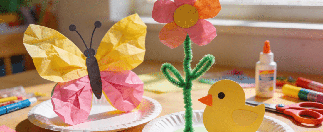 Paper Plate Spring Crafts for Preschoolers An image of paper plate crafts on a table.
