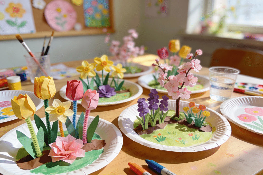 Paper Plate Spring Flowers and Gardens A few paper plate craft flowers on a table.
