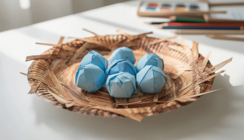 Papercraft Bird Nest The image features a colorful paper plate craft designed to resemble a bird nest, complete with blue paper eggs nestled inside. This adorable spring paper plate creation is perfect for preschoolers and showcases a fun and simple craft idea for kids.