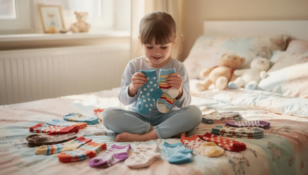 A preschooler sits on a bed, happily matching colorful patterned socks into pairs, an engaging fine motor skills activity that encourages play and learning. The vibrant socks create a cheerful atmosphere, perfect for introducing children to sorting and organizing.