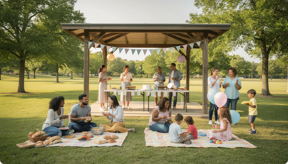A cheerful scene at a local park pavilion where families have gathered for a children's birthday party, featuring picnic blankets spread out and simple decorations like balloons. The atmosphere is lively with kids playing games, and a birthday cake is placed on a table, showcasing inexpensive party ideas for a fun celebration.