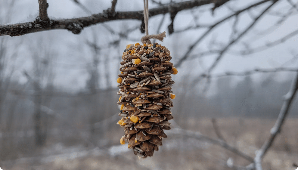A pinecone bird feeder, adorned with seeds, hangs from a bare tree branch, showcasing a simple and fun winter craft that encourages fine motor skills in kids. This charming decoration adds a touch of nature to the winter season and is a delightful way to engage children in outdoor activities.