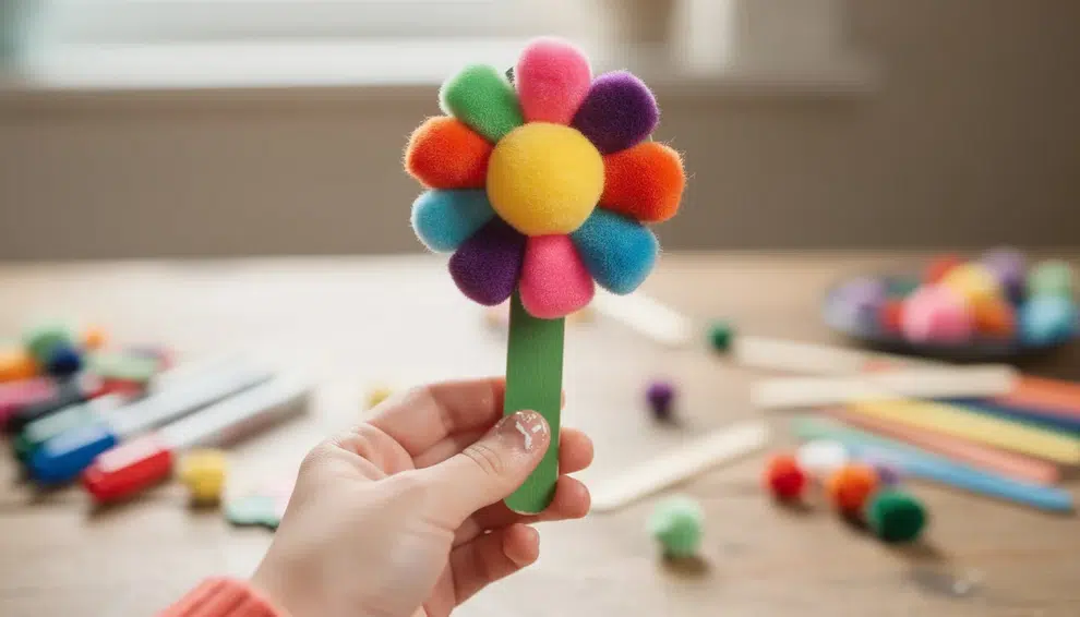 A child's hand holds a completed flower made from colorful pom poms and popsicle sticks, showcasing a fun and imaginative craft perfect for younger kids. This simple craft encourages creativity and fine motor skills as children explore art with vibrant materials.