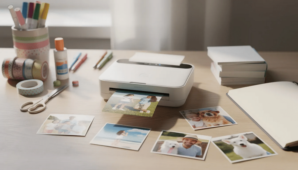 Portable Photo Printer A portable photo printer sits on a desk surrounded by freshly printed photos, washi tape, and various scrapbook supplies. This creative outlet showcases the joy of preserving memories, emphasizing that scrapbooking remains a popular hobby for many, including younger generations.