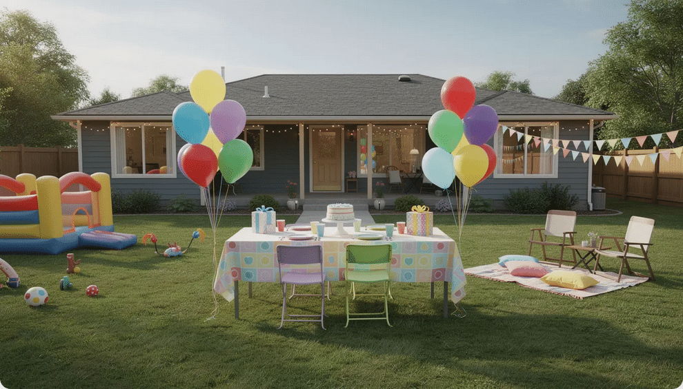 Ranch Home Balloon Party The image shows a ranch-style home with a beautifully decorated backyard, ready for a children's birthday party. Colorful balloons and festive decorations fill the space, with a table set up for party food and snacks, creating an inviting atmosphere for endless fun and lasting memories for kids and their friends.