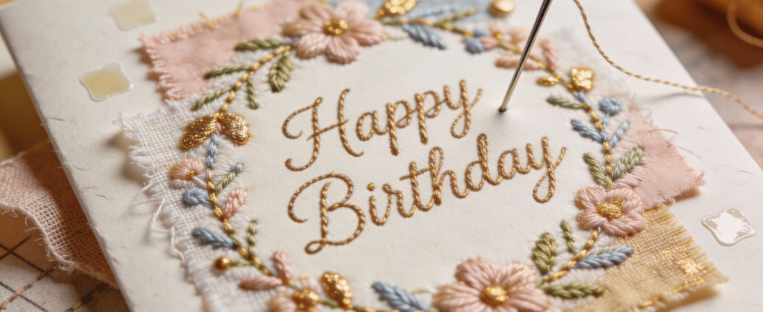 A birthday card made out of fabric.