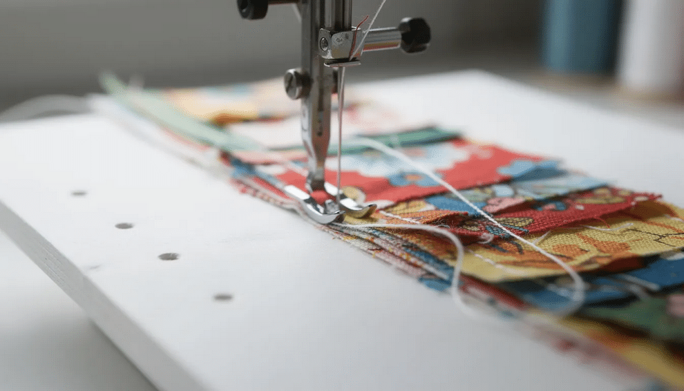 The image shows a sewing machine needle stitching through white cardstock, with vibrant fabric scraps in various colors nearby, illustrating a cute idea for creating handmade birthday cards. The scene captures the essence of crafting with sewing patterns and materials, perfect for personalized greeting cards.
