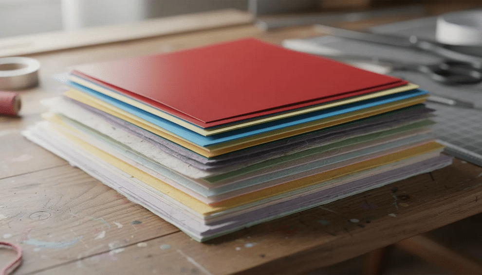 A stack of colorful craft papers in various weights and textures is displayed on a wooden craft table, ideal for creating handmade cards and scrapbooks. The vibrant selection ensures easy access to materials that preserve memories and add sophistication to your projects.