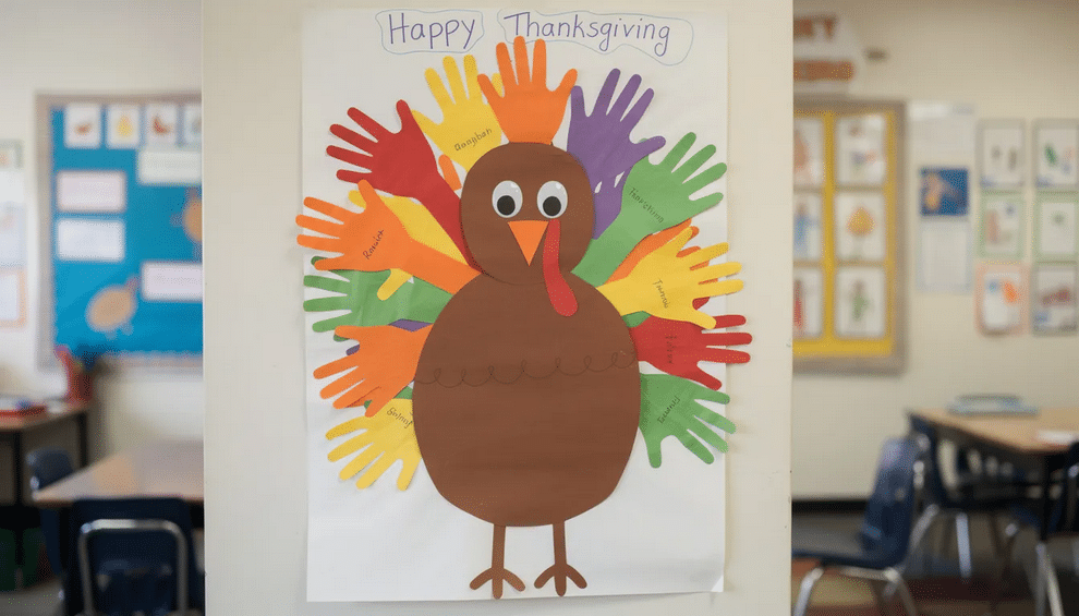 Thanksgiving Handcraft The image features a large poster board turkey crafted from colorful handprints, with each handprint representing vibrant feathers in shades of red, orange, yellow, green, and more. The turkey's face is drawn with a black marker, showcasing a cute beak and eyes, making it a perfect example of a fun Thanksgiving craft that kids love to create.