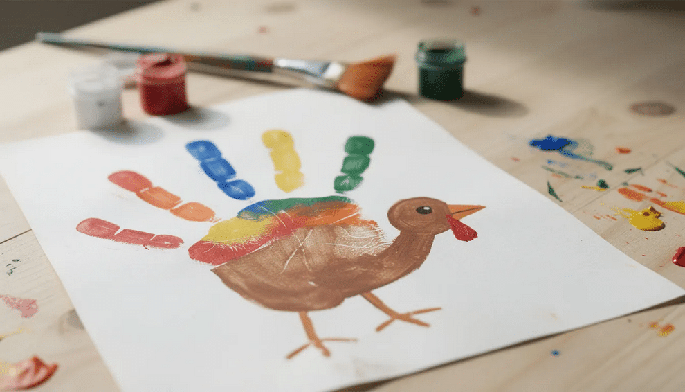 Turkey Handprint The image features a child's handprint on paper, creating a colorful turkey shape, with each finger painted in different colors to represent feathers. This adorable handprint turkey craft showcases the creativity of kids as they prepare for Thanksgiving.