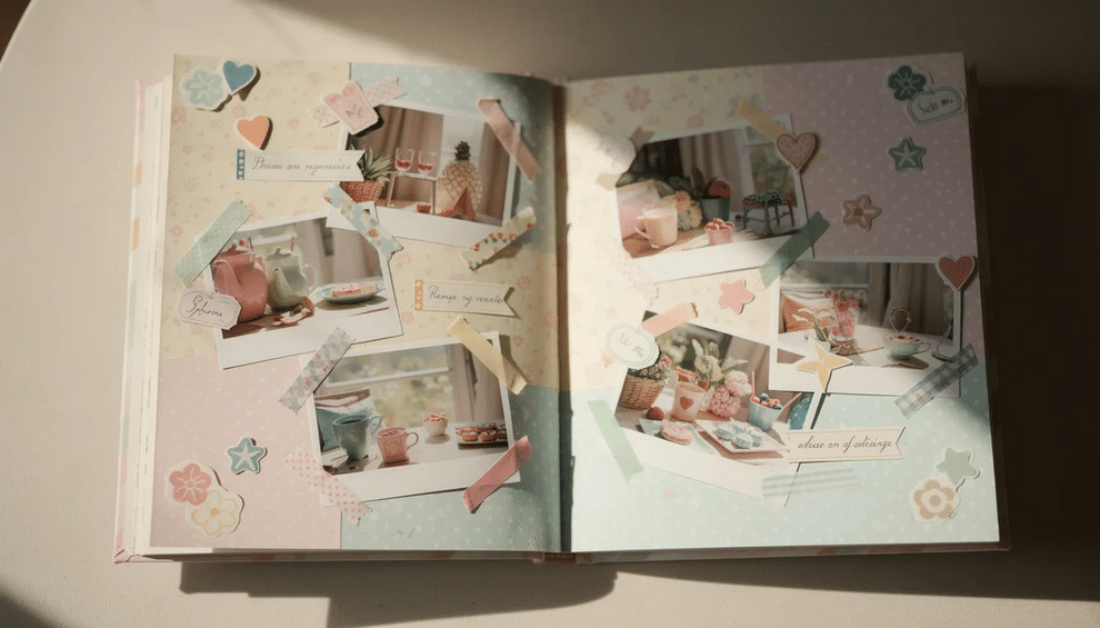 Vibrant Scrapbook The image showcases a vibrant scrapbook spread filled with printed photos, colorful washi tape strips, and decorative stickers arranged on a piece of patterned paper, reflecting the creativity and personal touch that many avid scrapbookers cherish as a creative outlet for preserving memories for future generations. This lively display of scrapbook supplies captures the essence of scrapbooking, a hobby that remains popular among many, providing a fun and artistic way to celebrate life’s moments.