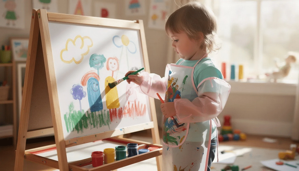 A child is joyfully painting with washable paints on a large drawing pad set on an easel, surrounded by vibrant colors and creative energy. This scene captures the essence of childhood creativity and the joy of making artistic creations on high-quality paper intended for projects and preserving memories.