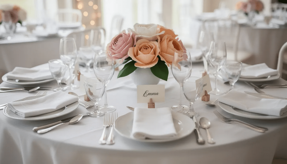 The image features a beautifully arranged wedding table setting, showcasing a stunning centerpiece made of colorful paper flowers, including delicate paper roses, alongside elegant place cards for guests. The charming decor combines a fun and handmade aesthetic, perfect for celebrating love and creating memorable moments.