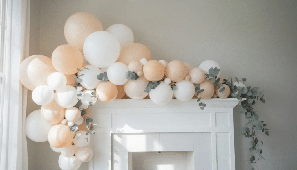 White Balloons An organic balloon garland in various sizes, adorned with eucalyptus accents, elegantly drapes over a white mantel, creating a colorful and festive backdrop for celebrations like birthday parties or baby showers. This decorative element adds a personal touch and enhances the overall party theme with its creative balloon art.