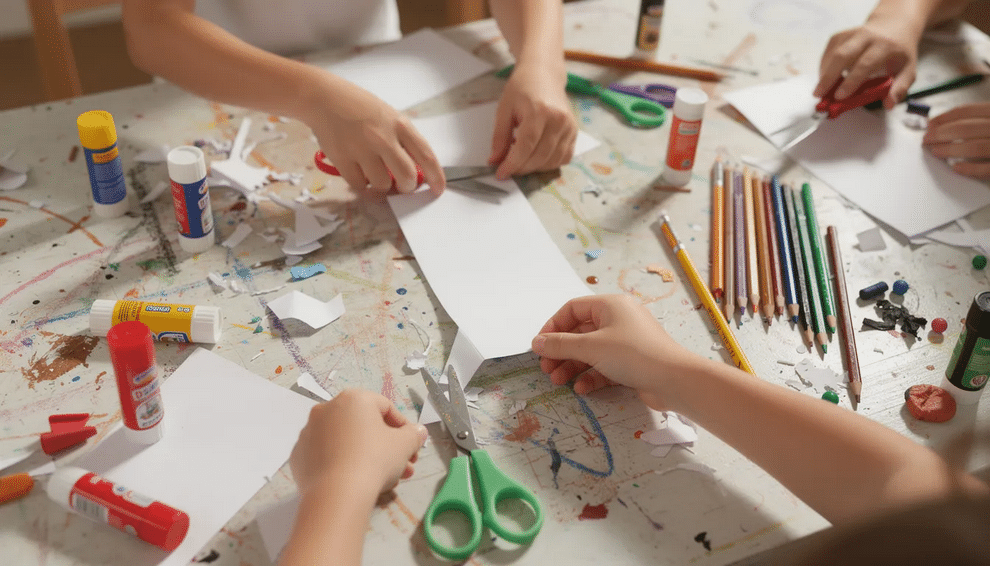Children's hands are engaged in a fun winter craft at a craft table, working with white paper and scissors to create various shapes, such as snowflakes and polar bears. This activity promotes fine motor skills and creativity, making it a great craft for preschoolers during the holiday and winter season.