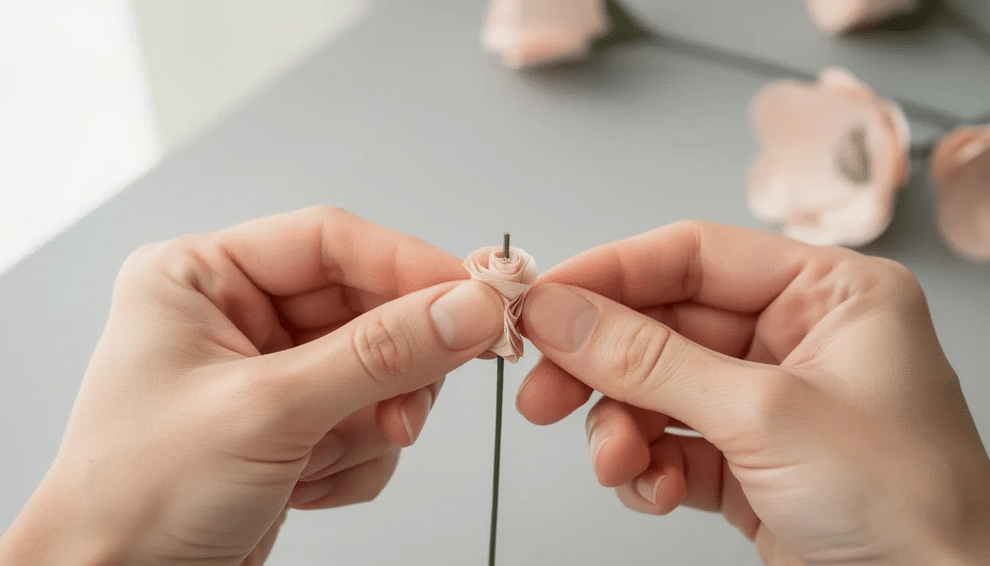 A pair of hands skillfully shapes colorful paper petals around a wire stem, demonstrating the rolling technique used to create beautiful handmade paper flowers. The image captures the intricate details of the petals, showcasing the potential for crafting unique bouquets from recycled materials like old maps and sheet music.