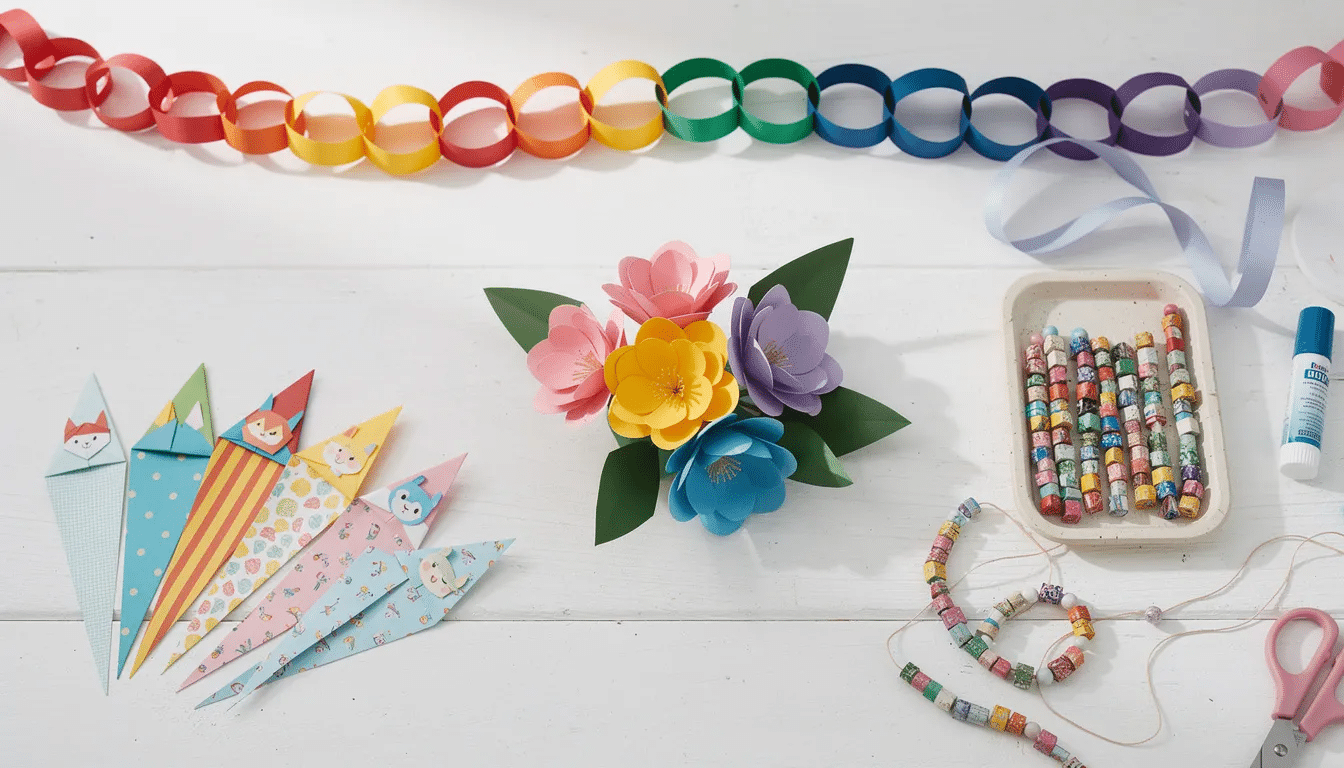 A flat lay arrangement features a vibrant collection of paper crafts, including colorful paper flowers, a cheerful rainbow garland, intricate origami bookmarks, and handmade paper beads, all displayed on a white wooden table. This visually appealing setup showcases various craft ideas perfect for both kids and grown-ups to inspire creativity and DIY projects.
