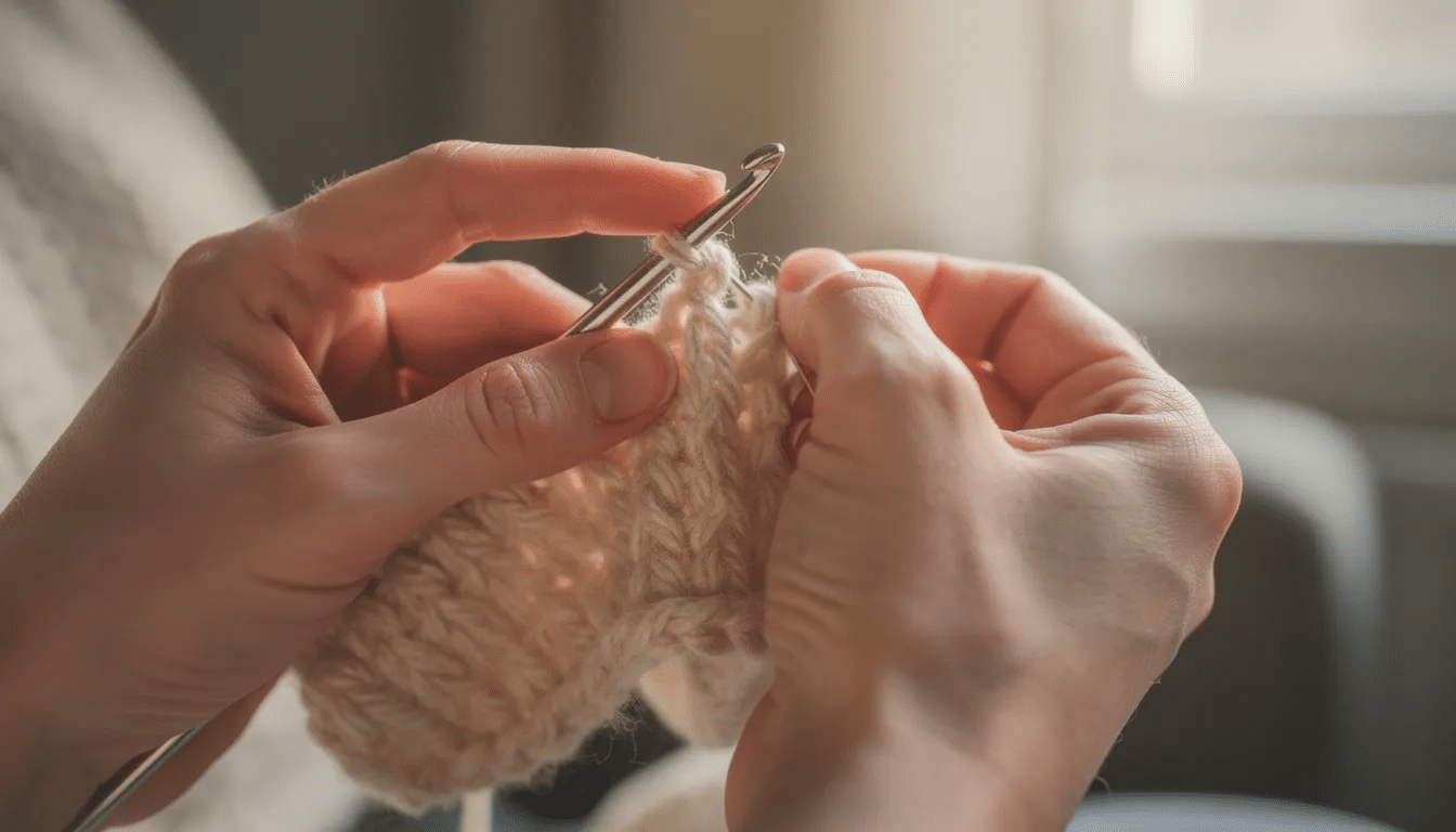 047f5767-ed38-4e83-843b-11e08bcd99c5 A close-up view of hands skillfully holding a crochet hook as they work with light-colored yarn, demonstrating basic crochet stitches like single crochet and double crochet. This image captures the essence of teaching crochet to beginners, showcasing the process of creating a simple project.