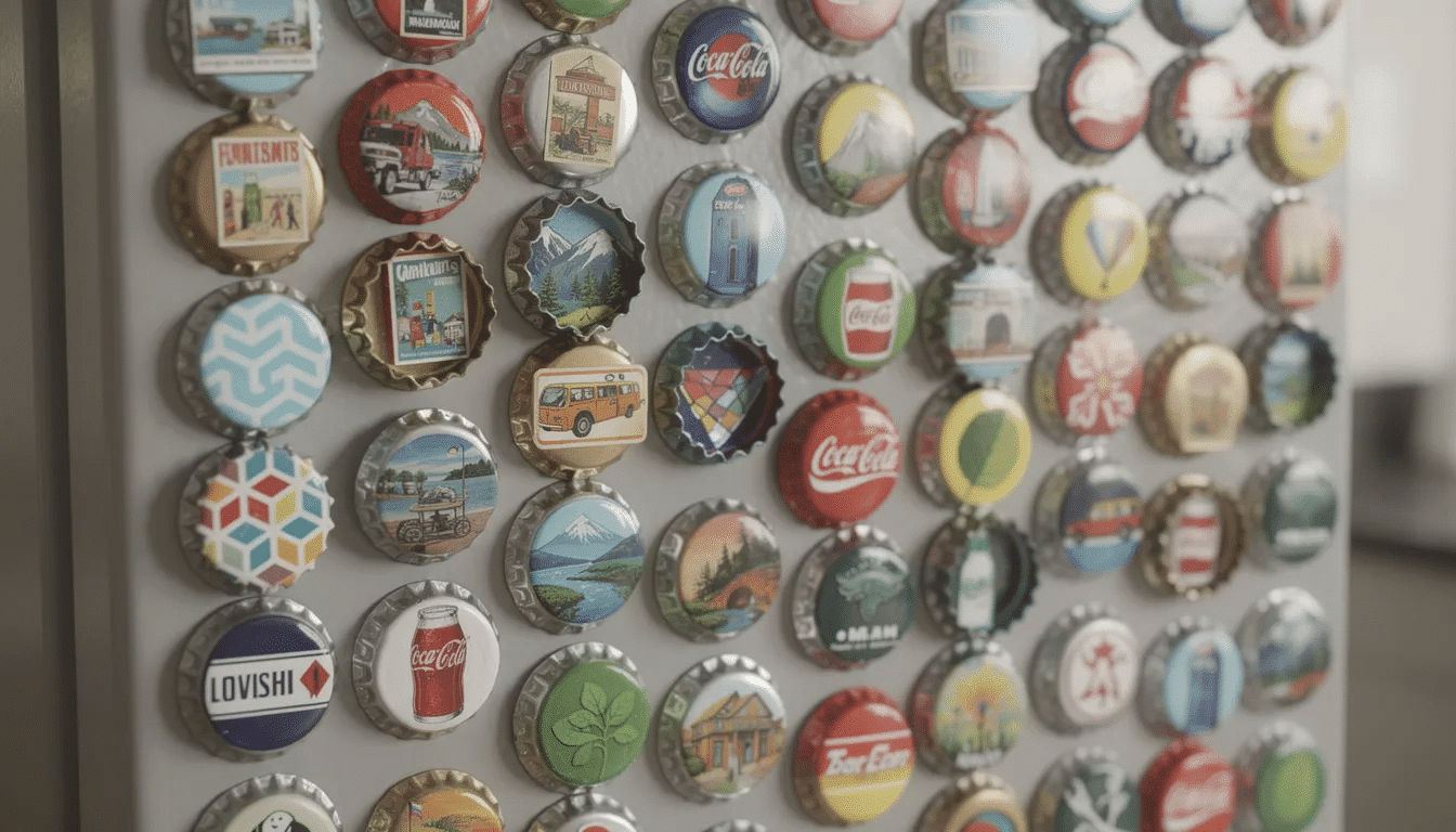 04c38ea3-e2de-477e-a8c1-db630fd3b9c0 A vibrant collection of colorful bottle cap magnets, each featuring unique embedded designs, adorns a refrigerator door, showcasing creative ways to repurpose recycled materials. These playful crafts made from plastic bottle caps add a fun and artistic touch to the kitchen while promoting the idea of recycling and giving new life to everyday items.