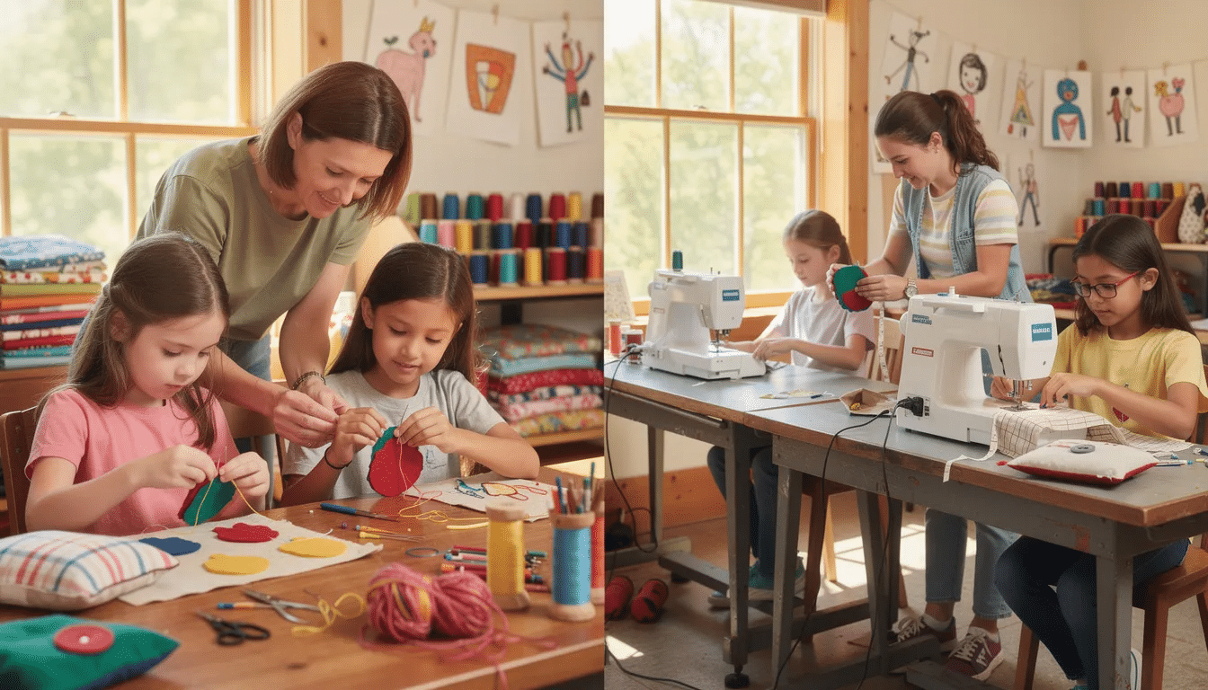 068af1ec-0c5f-4a67-889c-65e698effcd4 The image depicts a sewing camp environment where young campers are engaged in both hand sewing and machine sewing projects. Some children are carefully threading needles and practicing basic stitches, while others are confidently using sewing machines under the supervision of an instructor, showcasing a blend of creativity and skill development.
