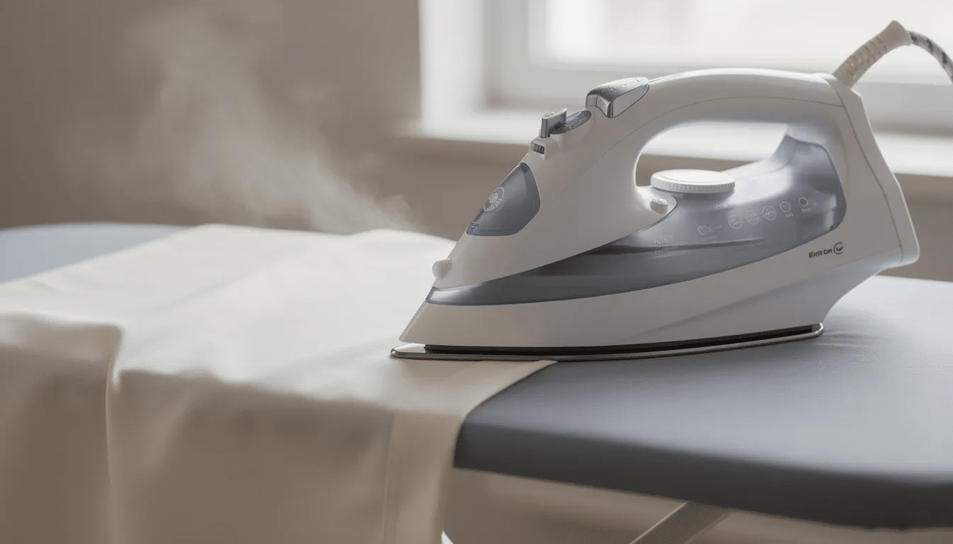 07420eb1-8e40-479d-ac6c-6e49ebe81f9b The image shows a steam iron gliding over a piece of fabric on an ironing board, smoothing out wrinkles and preparing it for a sewing project. This essential sewing tool is crucial for achieving crisp seams and polished finishes in garment construction.