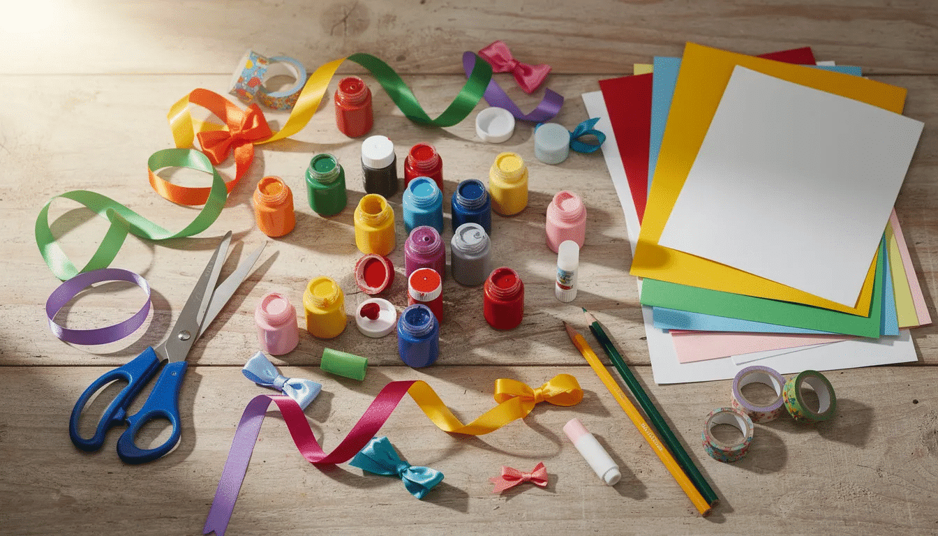 A vibrant assortment of craft supplies is spread across a wooden table, featuring colorful paint bottles, scissors, construction paper, and ribbons, all designed to inspire creativity and engage kids in fun crafting activities. This collection of high-quality materials offers endless opportunities for imaginative projects.