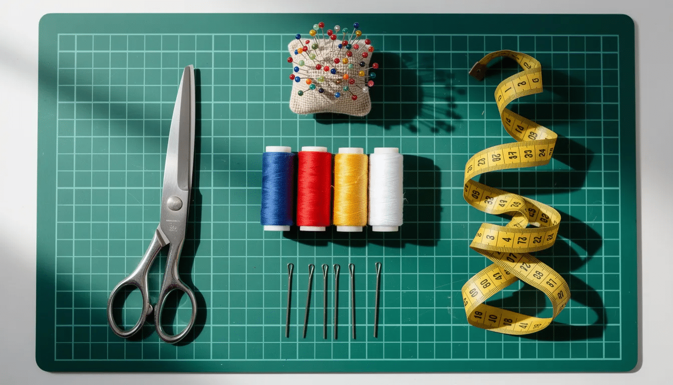 The image showcases a variety of sewing supplies, including sharp scissors, colorful thread spools, pins, and measuring tape, all neatly arranged on a green cutting mat, perfect for any sewing room. These essential sewing tools are ideal for crafting projects and ensuring optimal performance with your sewing machine.