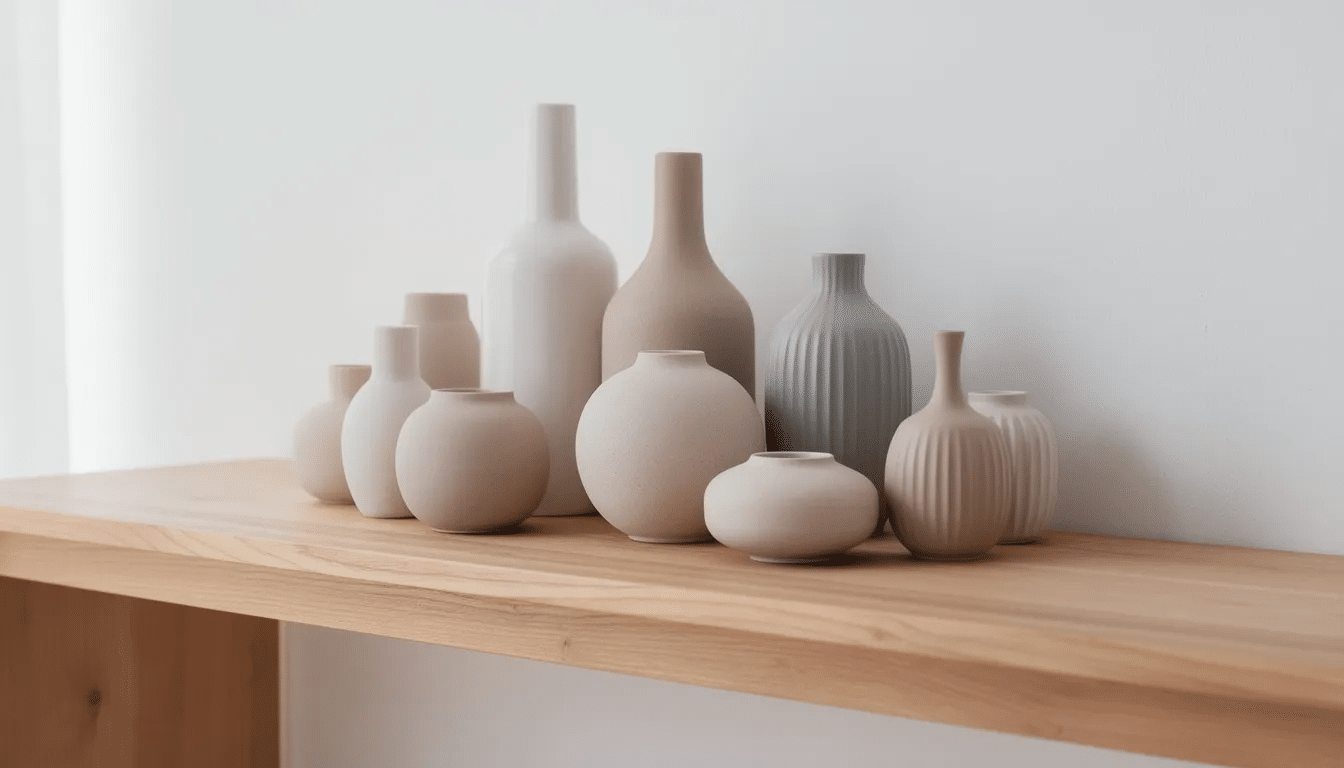 A collection of various sized vases in neutral tones is artfully arranged on a wooden shelf, showcasing a charming display of upcycled home decor. This organized clutter offers endless possibilities for creative projects and adds a touch of vintage charm to any space.