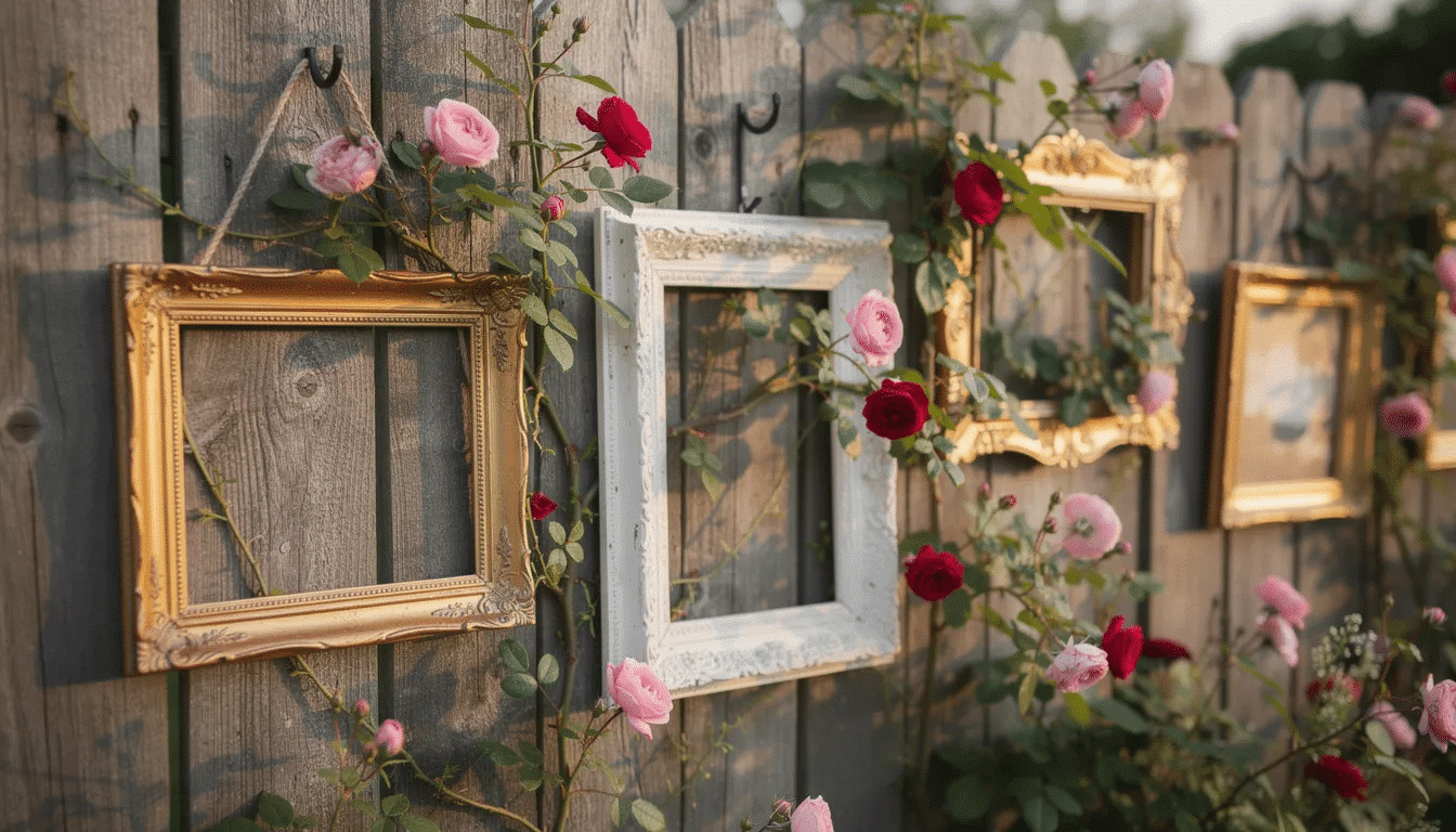 Empty vintage picture frames are creatively hung on a garden fence, with climbing roses weaving through them, adding a touch of natural beauty to this unique home decor project. This upcycled display transforms old picture frames into a charming focal point in the garden.