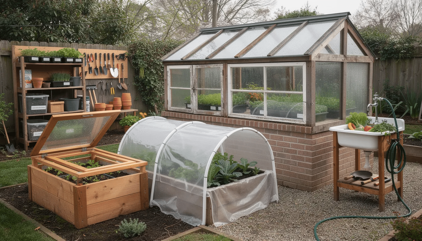 0af68eb2-9423-4c00-aadb-aa36f7a5f98a The image showcases various DIY garden projects designed for season extension and outdoor workspaces, including a raised bed cold frame, a fold-down mini greenhouse, and an outdoor sink station. These functional structures enhance gardening efficiency and provide creative ideas for serious gardeners looking to maximize their outdoor space.