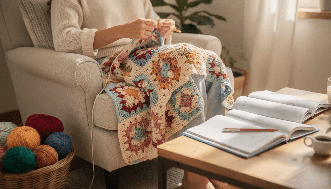 A crocheter is working on a colorful blanket project, surrounded by vibrant yarn and crochet pattern books that offer helpful tips and step-by-step instructions. The scene captures the essence of creativity and inspiration, showcasing the joy of crafting with basic stitches and unique crochet patterns.