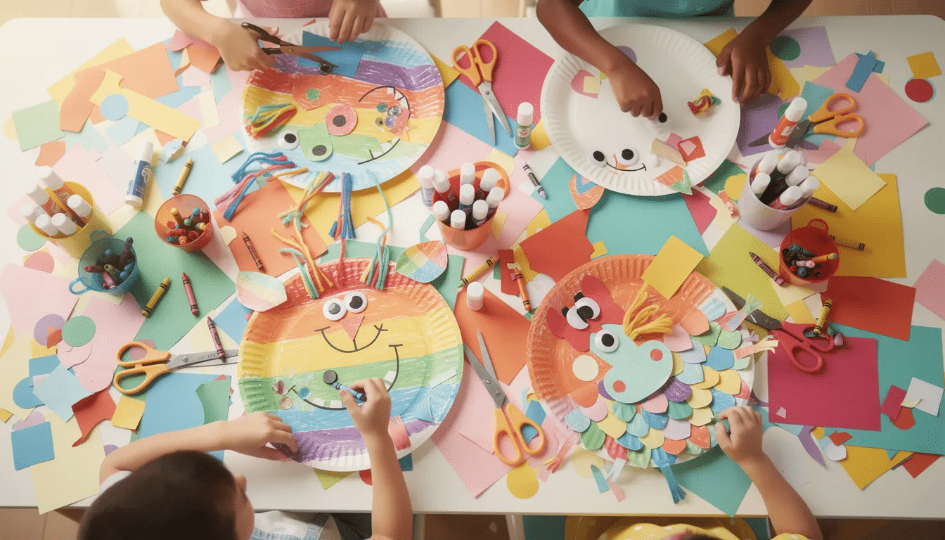 An overhead view of a vibrant kids' crafting table showcases a variety of colorful paper scraps, scissors, glue sticks, and completed paper plate creatures, with small hands actively engaged in creating fun paper crafts. This lively scene highlights the joy of creativity and DIY projects for kids, encouraging imaginative paper craft ideas.