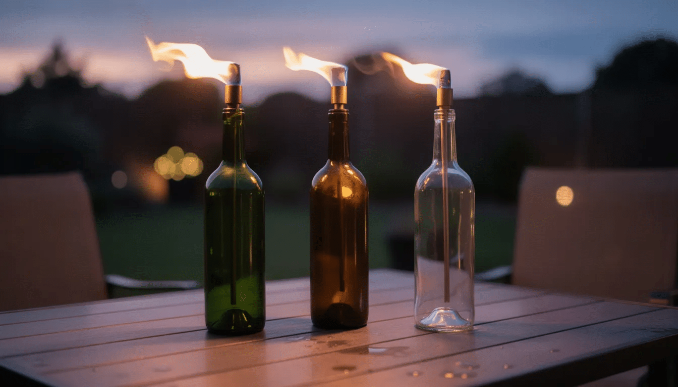 11e5b7e9-ab96-4f31-9756-9741de8fe96e The image features three tiki torches made from recycled wine bottles, with flickering flames illuminating an outdoor patio table at dusk. This creative project showcases the use of recycled materials to create a charming ambiance, highlighting the potential of glass bottles in DIY crafts.