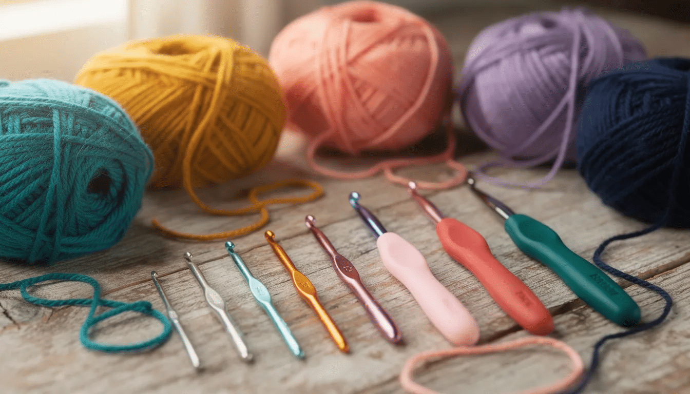 1207fa93-c668-4170-ad43-18bbaec28667 A close-up view showcases an array of crochet hooks alongside vibrant yarn balls on a wooden surface, inviting crafters to explore various crochet patterns and techniques like the single crochet and double crochet stitch. The colorful yarn and tools create an inspiring atmosphere for beginners and experienced crocheters alike.