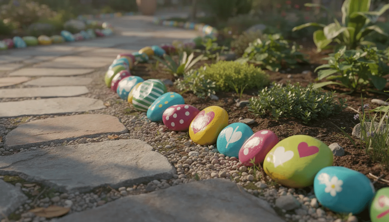 1275d8dc-7320-4d5f-af1b-da4b6126261e The image features a vibrant array of colorful painted rocks lining the edge of a garden pathway, creating a charming and whimsical touch to the outdoor space. This DIY garden project adds a unique design element, perfect for inspiring gardeners looking to enhance their landscaping with super easy ideas.