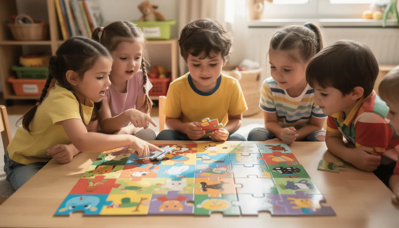A group of young children are sitting at a table, collaborating on a colorful puzzle as part of their indoor recess activities. The scene showcases their engagement and teamwork, helping to develop their fine motor skills while having fun together.