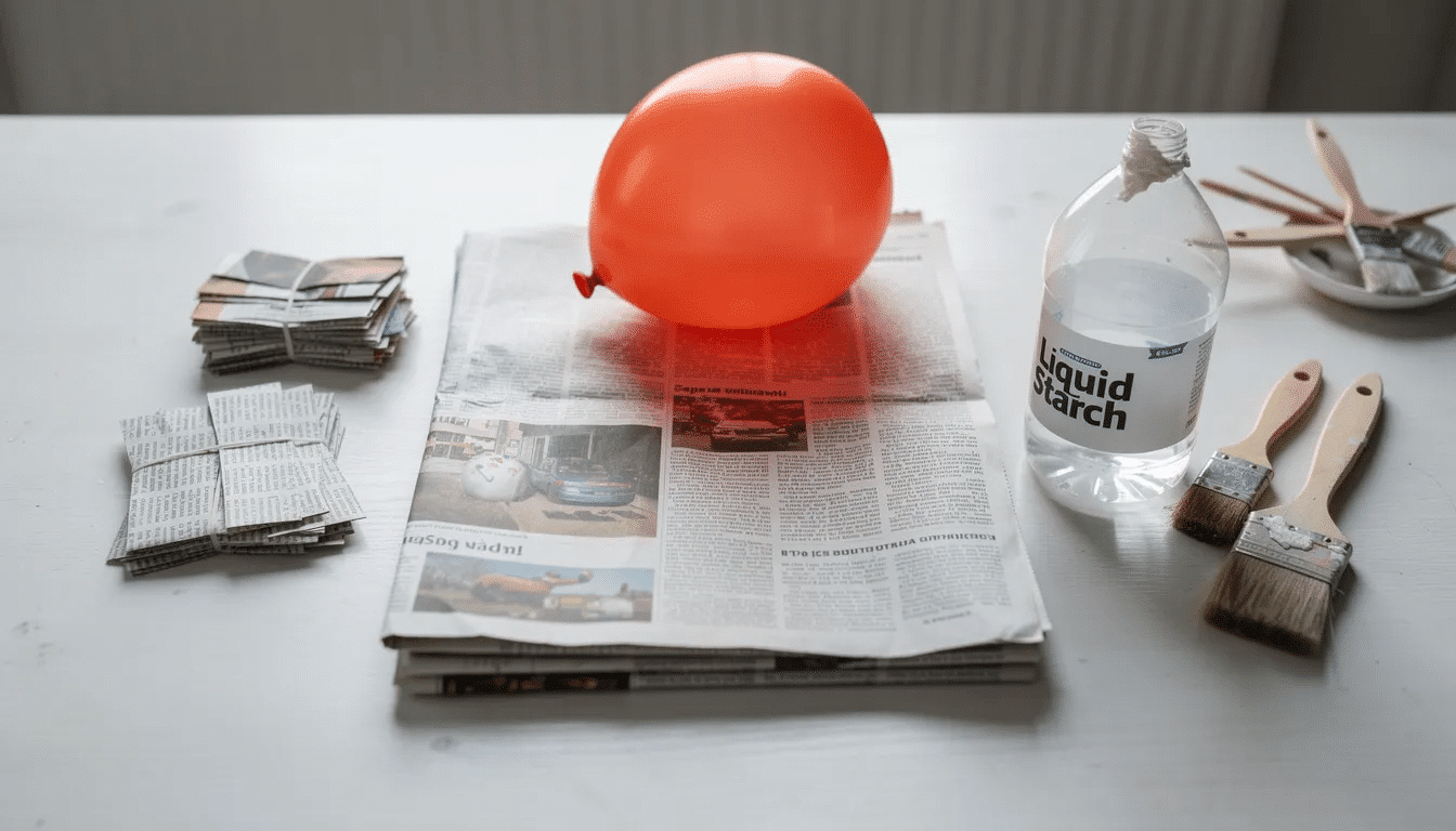 A table is filled with craft supplies for making paper mache projects, including stacks of newspaper strips, a bottle of liquid starch, paintbrushes, and a balloon ready to be covered. These materials are essential for creating fun and artistic paper mache crafts.
