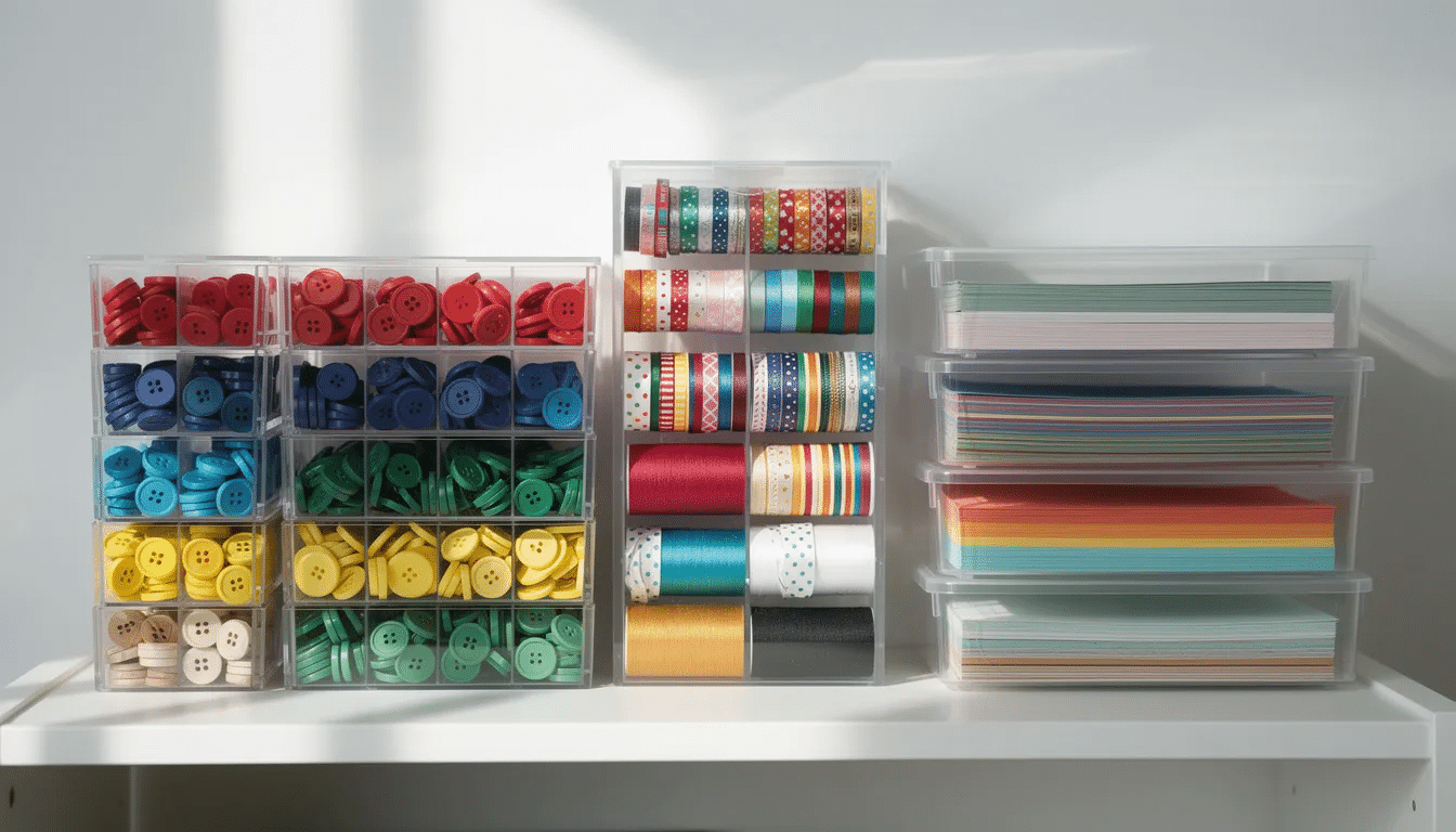 The image features organized clear plastic containers filled with a variety of sorted craft supplies, including buttons, ribbons, and colored paper, perfect for engaging kids and adults alike in creative crafts. This setup encourages self-expression and helps develop fine motor skills while providing all the materials needed for fun projects.