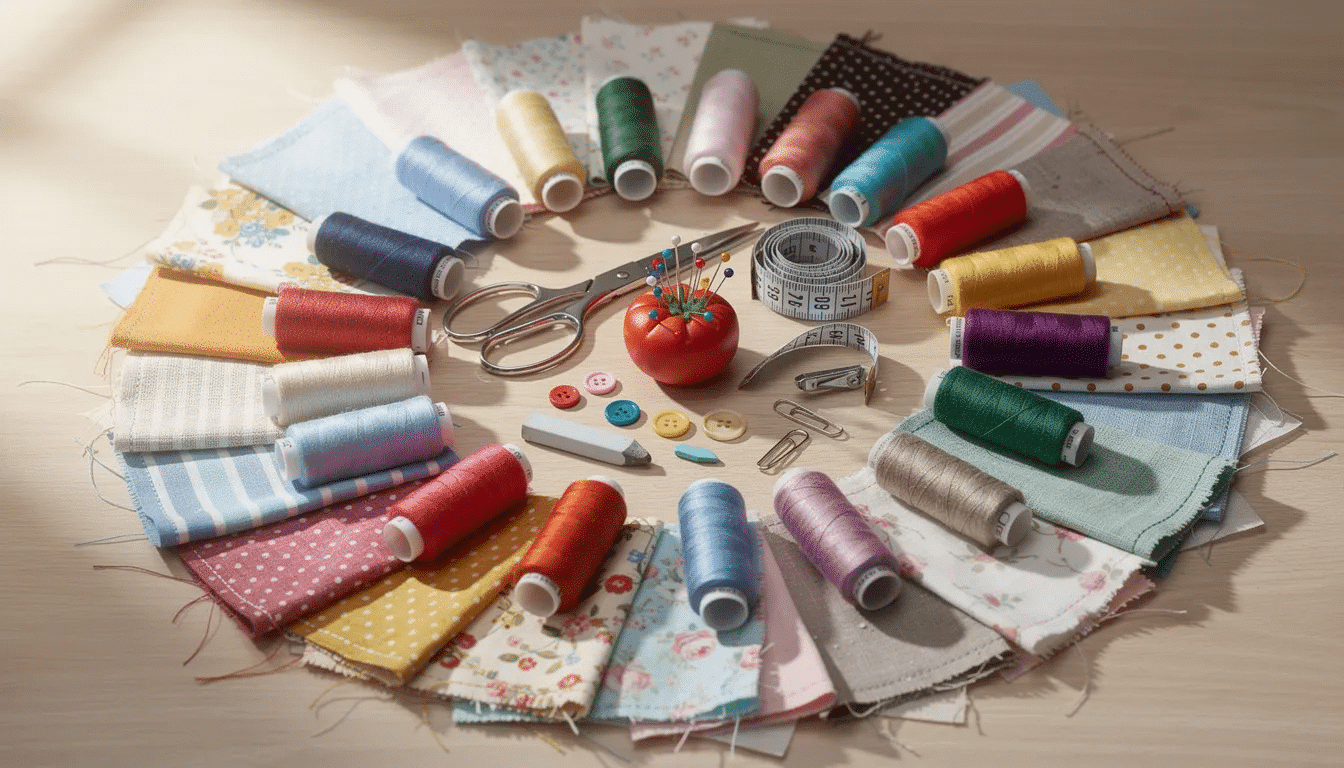 1705b2c8-a13c-4074-a44d-ac8ad085ccb1 The image features a vibrant arrangement of colorful thread spools and assorted fabric swatches on a craft table, surrounded by various sewing notions like a presser foot and a zipper foot. This setup highlights the essentials for both basic sewing and more advanced projects, showcasing the tools that enhance the sewing experience with machines such as the Brother CS7000X and Juki HZL.
