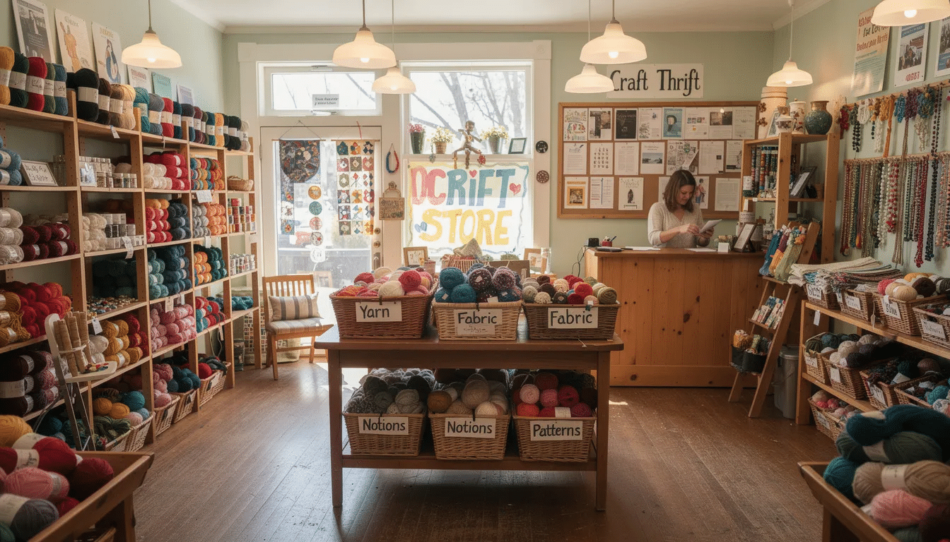 183b99cf-49df-4e23-917a-6d91182e2bb5 The image showcases a vibrant craft thrift store filled with a variety of creative materials, including yarn, beads, and paint. This community-focused space encourages sustainable creativity by offering gently used art supplies and accepting donations to reduce waste and inspire local makers.