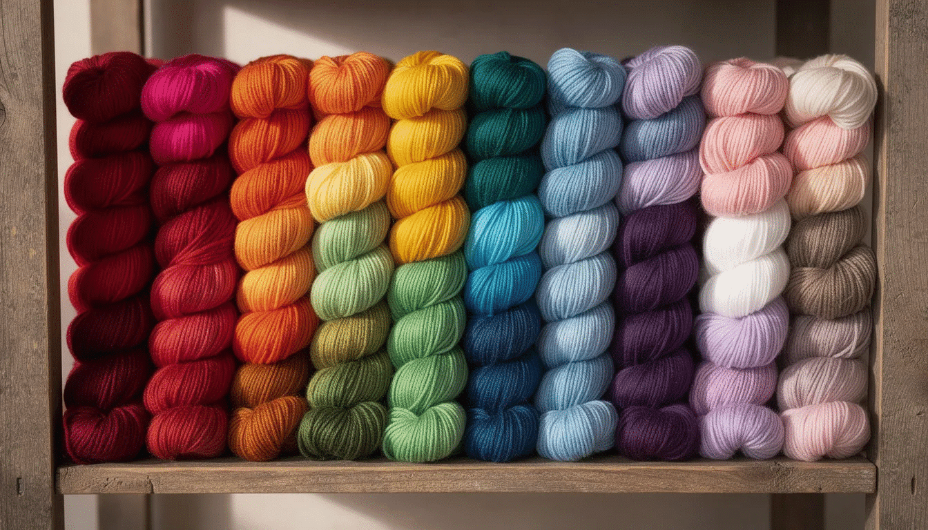 1a3b95c3-77b6-4c2d-ad1a-cdac811cff61 The image features colorful skeins of yarn arranged in a vibrant rainbow gradient on wooden shelves, showcasing a variety of quality wool perfect for crochet and knitting projects. This inviting display in a crochet online store encourages customers to explore and choose from a wide selection of products.