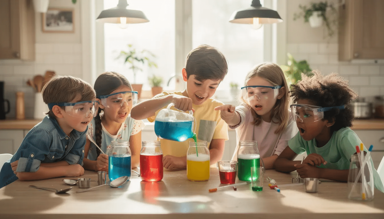 1a9a40c9-8b7b-49e1-ab70-536e99e4e6ff A group of children is gathered around a kitchen table, engaged in a colorful science experiment using jars filled with liquids and food coloring, exploring chemical reactions. This hands-on STEM activity encourages critical thinking and creativity as they observe the properties of different materials and their interactions.