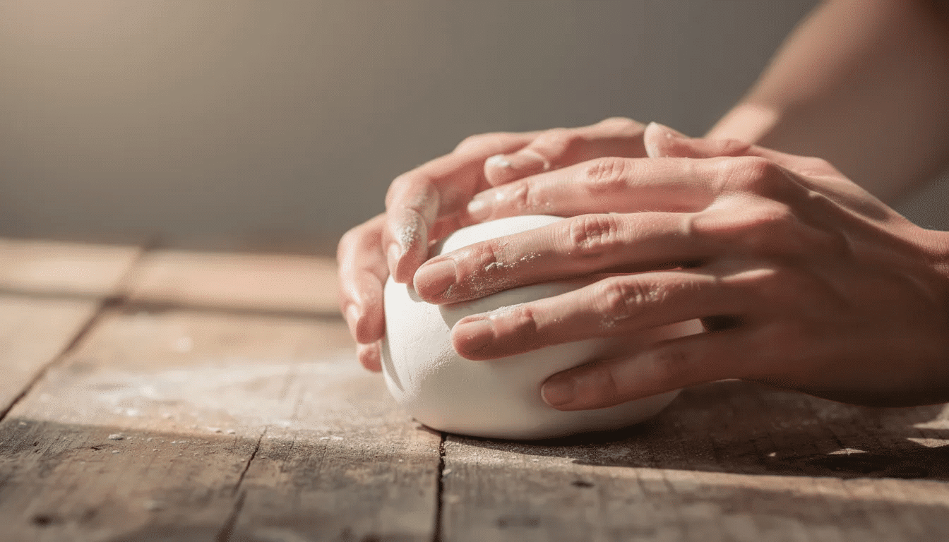 1ab7271a-0095-442e-adc8-672c695b1a95 A pair of hands is kneading a small ball of white air dry clay on a wooden table, preparing it for sculpting into various creations. The soft texture of the clay is visible as it is rolled and shaped, emphasizing the fun and creative process of air dry clay projects.