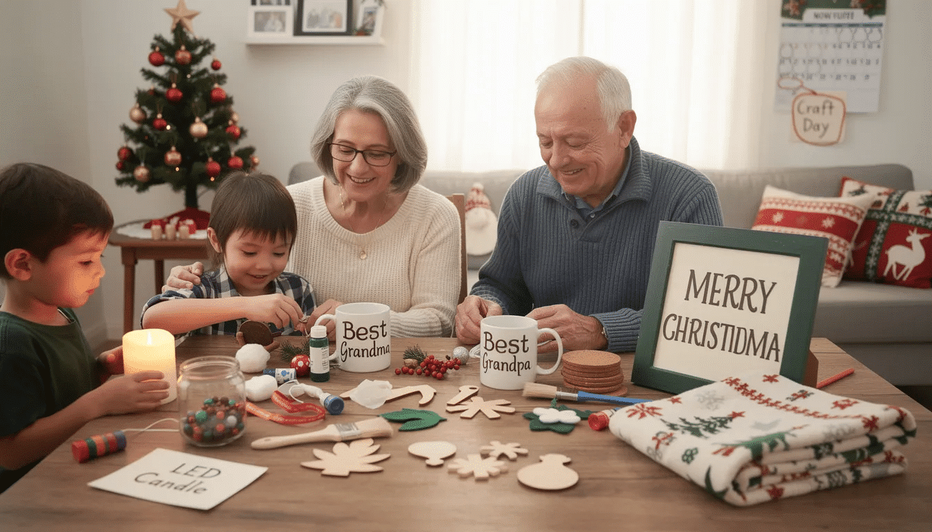 The image shows a cozy crafting scene where grandparents and young kids are working together on DIY Christmas gifts, surrounded by colorful materials like ribbons, mason jars, and salt dough ornaments. Brightly colored paper and tools are scattered across the table, emphasizing the special time spent creating homemade Christmas crafts for loved ones during the holiday season.
