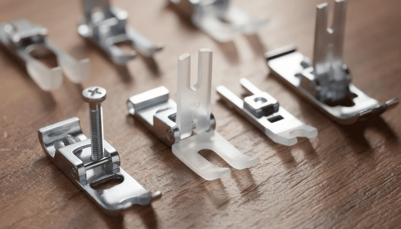 A close-up view showcases various metal and plastic presser feet neatly arranged on a wooden surface, highlighting essential sewing machine accessories for optimal performance. These specialty presser feet are crucial tools for achieving perfect seams and enhancing sewing projects.