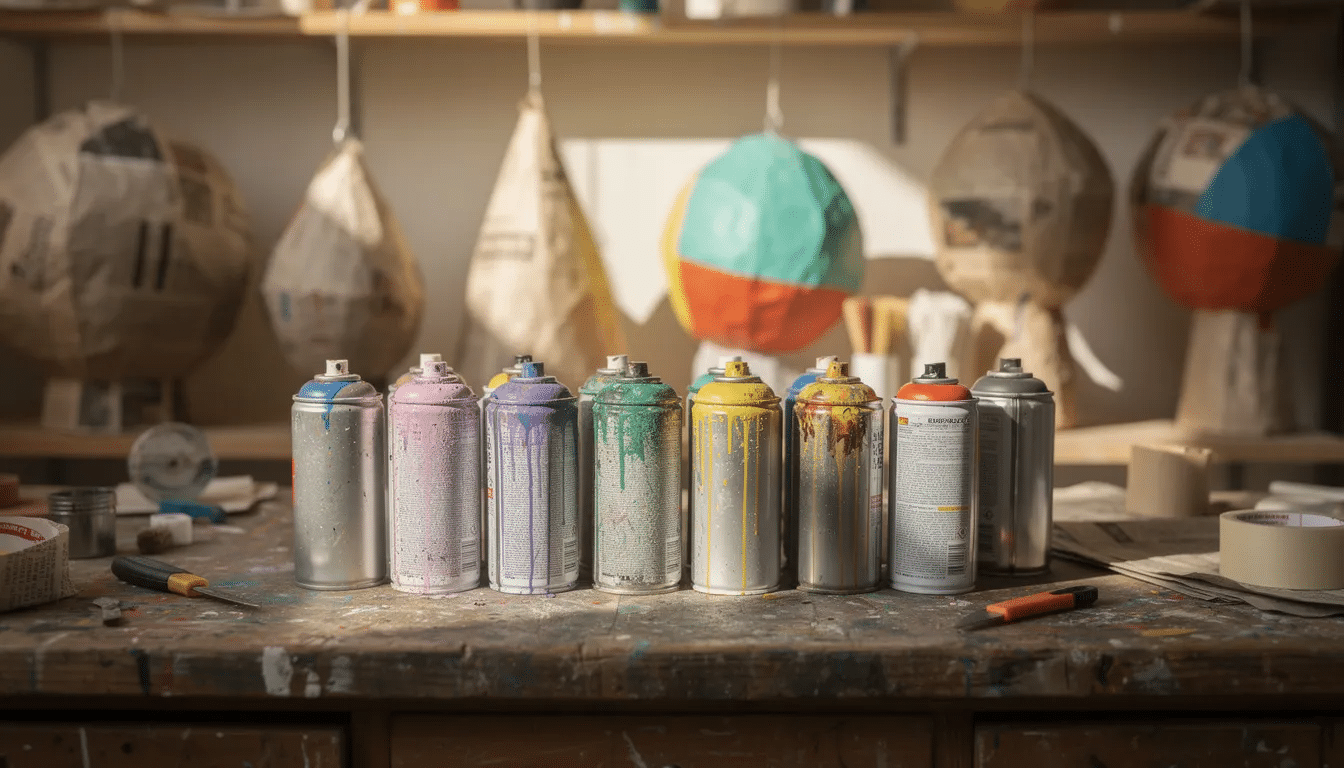 The image features a variety of spray paint cans arranged neatly on a workbench, with colorful paper mache projects displayed in the background. This setup highlights the use of spray paint techniques for adding details and layers to artistic creations, showcasing the tools necessary for crafting with paper mache.
