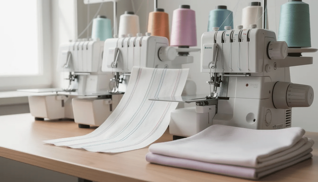 1eb9cb35-0202-44e0-86c9-a8a90a8680b3 The image showcases various sergers and coverstitch machines designed for sewing knits and stretchy fabrics. These specialized sewing machines are essential for creating professional seams and hems in garment making, making them ideal for both beginner and experienced sewists.