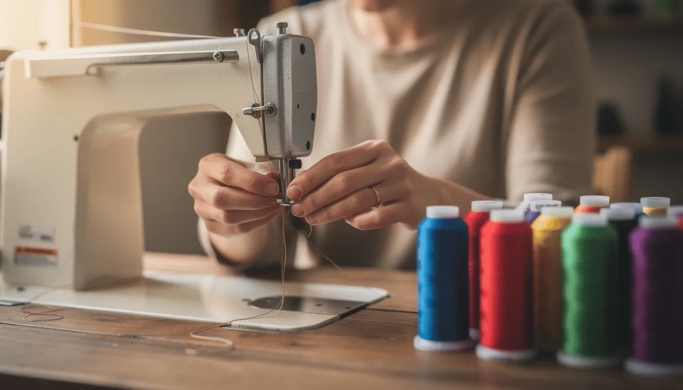 1feb6df5-bff3-494b-bb2f-bbbb961de0b8 A person is carefully threading a sewing machine with vibrant spools of thread in the background, showcasing the joy of sewing your own clothes. This image highlights the valuable skill of sewing, which allows for custom fit and personal style in creating finished garments.